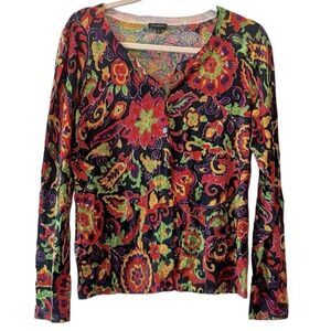 Talbots Floral Colorful Button Fall Cardigan Psychedelic Preppy Size Medium​